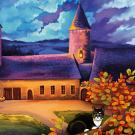 Dessin de la tour carrée, de l'auditoire et de la tour nord à la nuit tombée. Au premier plan, un chat sur une branche aux feuilles oranges