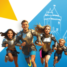 Deux hommes et deux femmes courent avec le haut d'une armure et un short de sport. Le château de Blandy et la Tour César sont représentées au fond à droite.