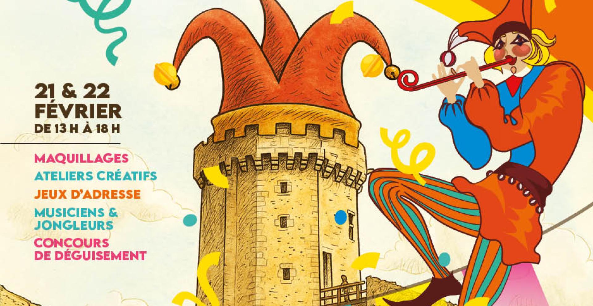 Donjon du château de Blandy avec un fou devant