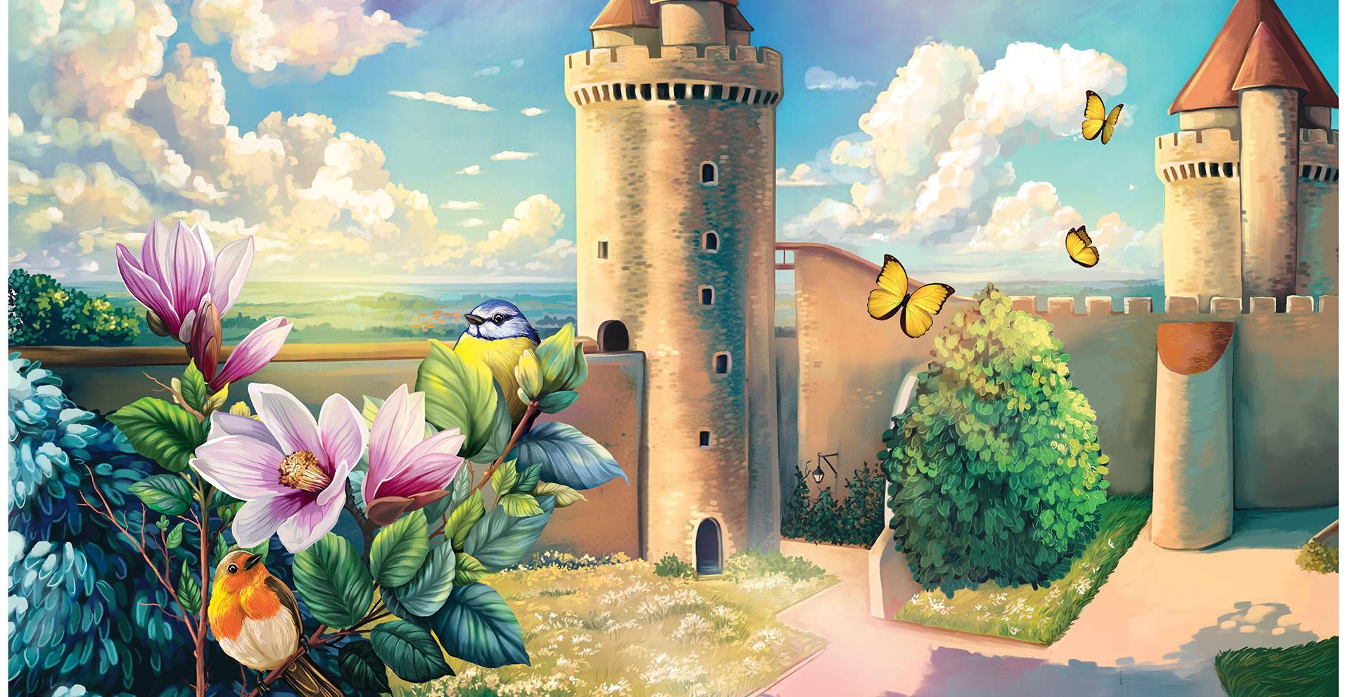 Dessin du donjon de Blandy avec des fleurs et un oiseau