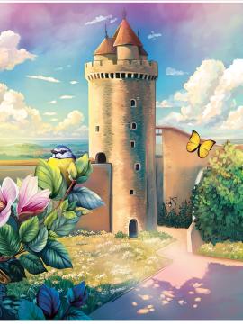 Dessin du donjon de Blandy avec des fleurs et un oiseau