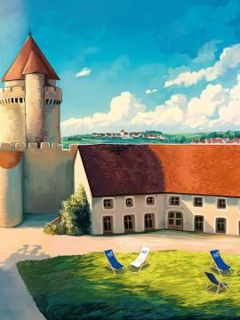 Dessin de la tour des gardes et de l'accueil du château sous le soleil