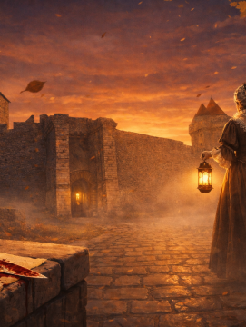 Femme en robe XVIIè siècle devant le château de Blandy à la tombée du jour.