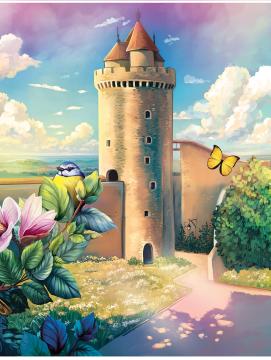Dessin du donjon de Blandy avec des fleurs et un oiseau