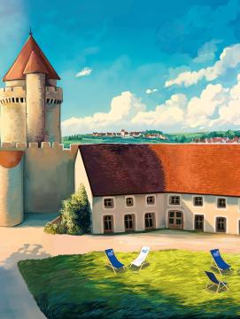 Dessin de la tour des gardes et de l'accueil du château sous le soleil
