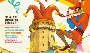 Donjon du château de Blandy avec un fou devant