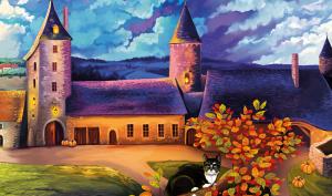 Dessin de la tour carrée, de l'auditoire et de la tour nord à la nuit tombée. Au premier plan, un chat sur une branche aux feuilles oranges