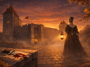 Femme en robe XVIIè siècle devant le château de Blandy à la tombée du jour.