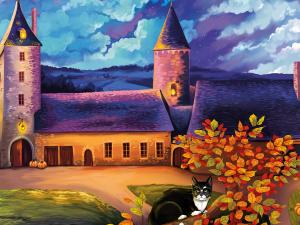 Dessin de la tour carrée, de l'auditoire et de la tour nord à la nuit tombée. Au premier plan, un chat sur une branche aux feuilles oranges