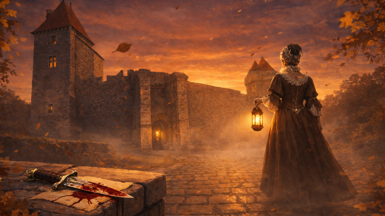 Femme en robe XVIIè siècle devant le château de Blandy à la tombée du jour.